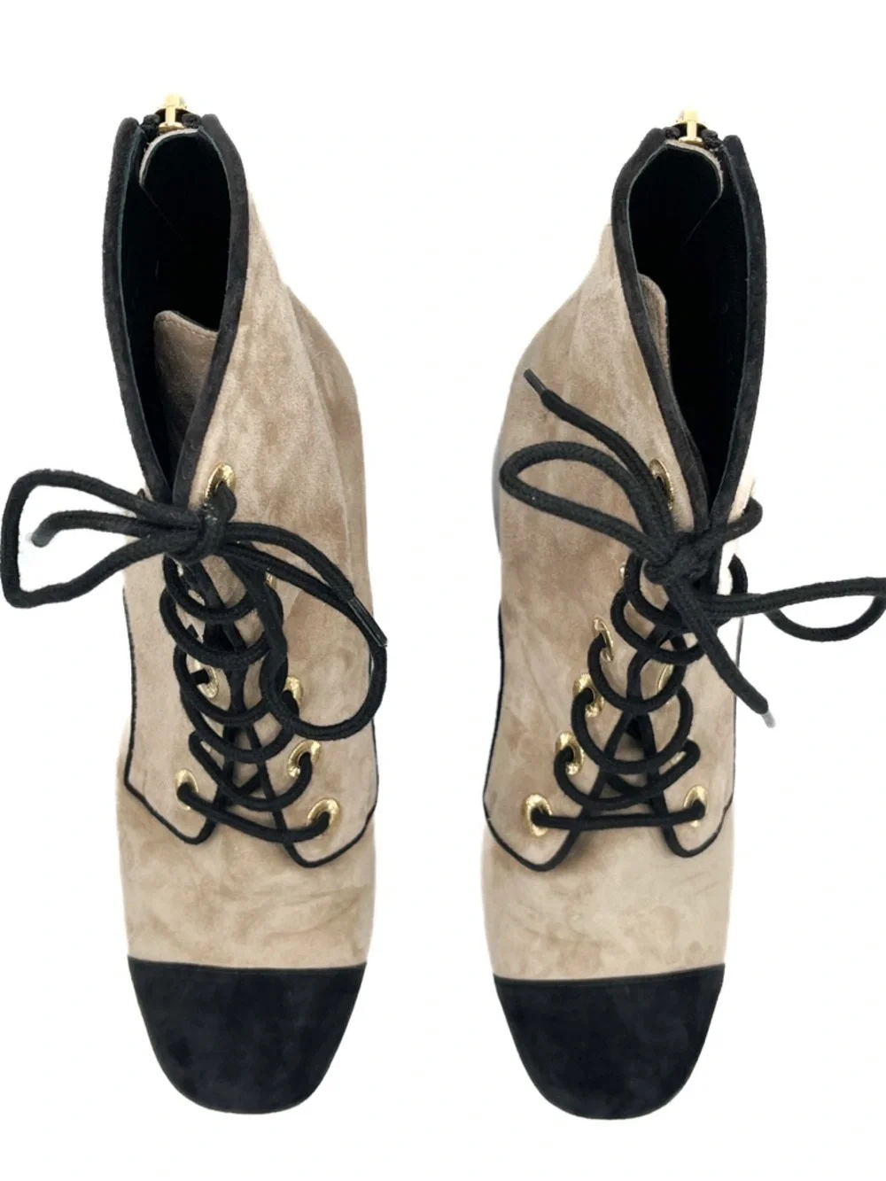 Chanel Interlocking CC Logo Suede CC Lace Up Short Heeled Cap Toe Boots